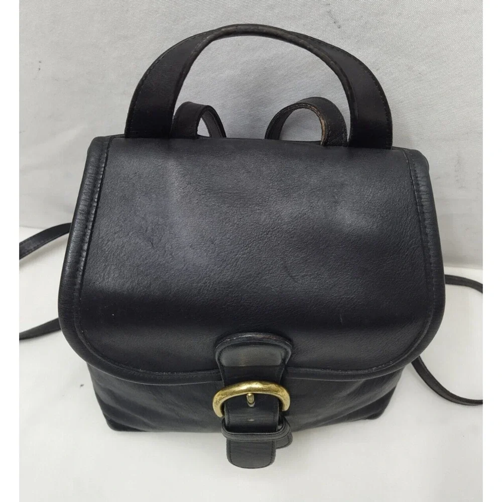 Coach Black Leather Buckle Flap Closure Top Handle Backpack -Vintage Made in USA